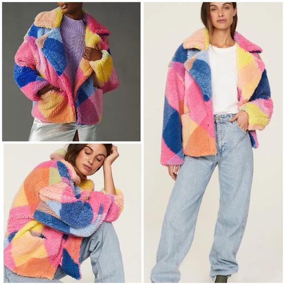 BLANKNYC Women’s L Colorblock Sherpa Teddy Jacket Rainbow Patchwork Oversized - Picture 10 of 10